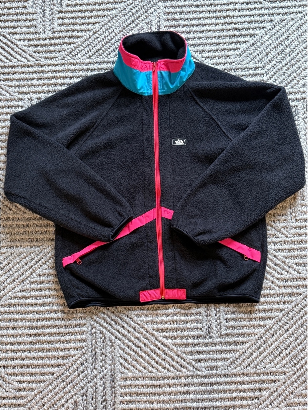 Woolrich Vintage Black Fleece Jacket with Pink and Blue Trim, Made in USA, SizeM